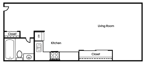 A simple black and white drawing of a house layout.